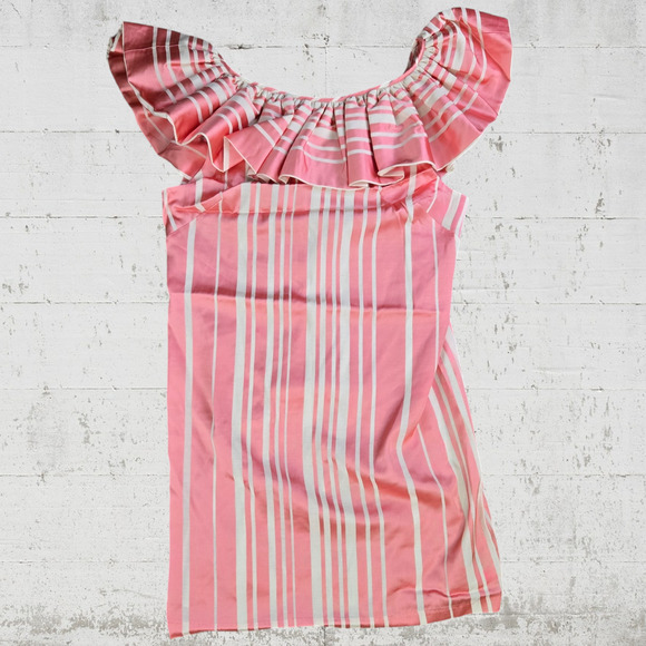 Trina Turk Pink White Striped Ruffle Neck Sleeveless Straight Mini Dress Size 10 - Picture 1 of 9